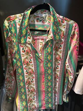 Zara Green Pink Multi-Print Satin Button-Down Shirt